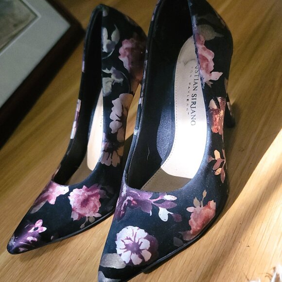 Chic Black Floral Pink Cream Lilac Design Silk Sheen Stiletto Heels 5.5 Comfort - Picture 9 of 16
